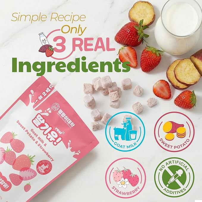 Freeze-Dried Goat Milk Dog Treats with Sweet Potato, Limited Ingredient Snack & Topper, Made in Korea, 1.76 oz (50g) (Strawberry)