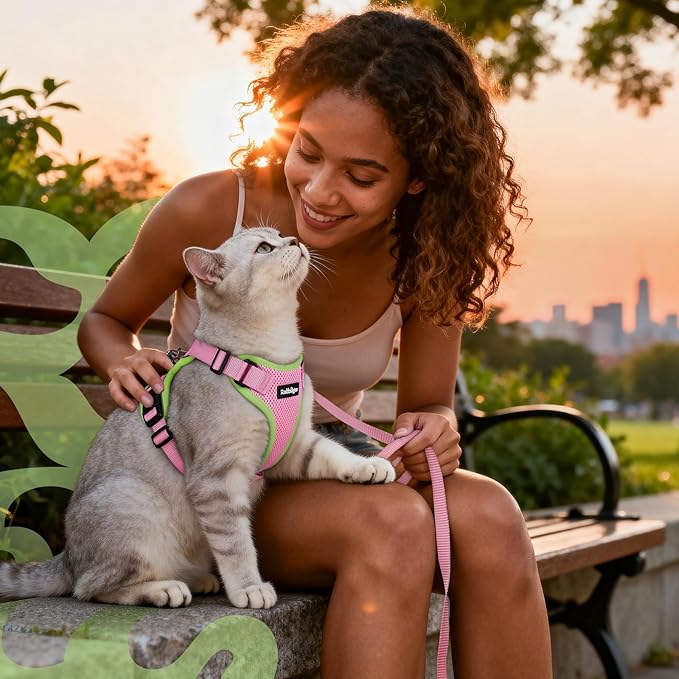 rabbitgoo Cat Harness and Leash for Walking, Escape Proof Soft Adjustable Vest Harnesses for Cats, Easy Control Breathable Reflective Strips Jacket, Pink&Light Green, XXS