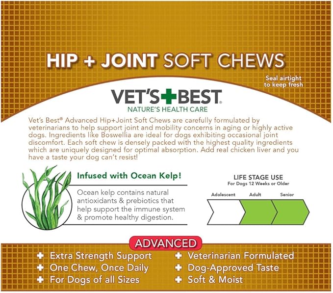 Vet's Best Advanced Hip & Joint Soft Chew Dog Supplements - Formulated with Glucosamine and Chondroitin to Support Dog Joint and Cartilage Health -30 Day Supply