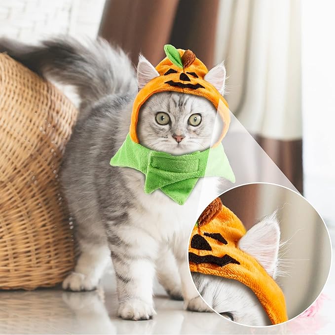 Xuniea 2 Pieces Halloween Pumpkin Cat Hat - Adjustable Pumpkin Cat Costume Cap for Pet Cats and Kittens