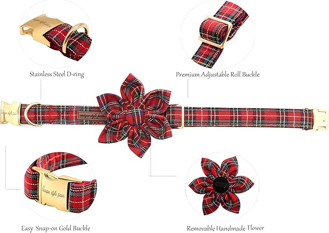 Uniqe Style Paws Christmas Grid Dog Collar, Female or Male Adjustable Puppy Collar with Flower, Durable Floral Pattern Pet Collar for X-Small Dogs
