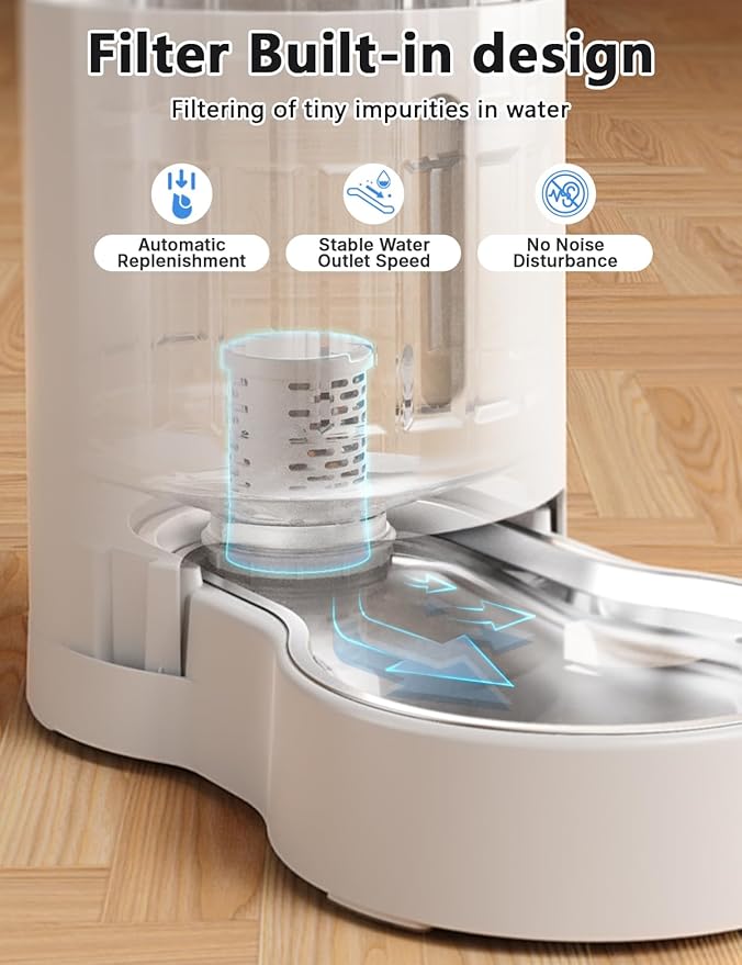 JUNSPOW Cat Water Dispenser with Filter and Stainless Steel Bowl, Automatic Gravity Water Dispenser for Cats or Small Medium Size Dogs, Large Capacity, Easy to Clean and Safe for Pets (4L White)