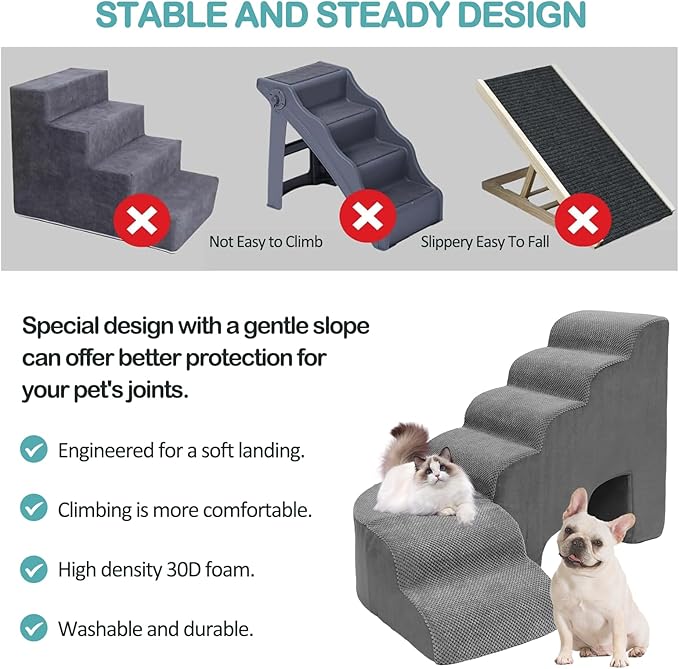 Dog Stairs for High Bed, Pet Stairs for Small Dog, 6 Tiers Steps for Dogs to Get on Beds, 30 inches L Shape Pet Step Ramps for Old Cats, Injured Dogs and Small Puppy