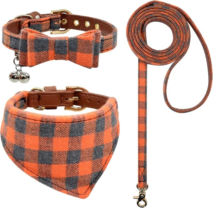 3PCS Bow Tie Dog Collar and Leash Set Plaid/Camo/Dots/Flower Dog Bandanas with Bell 3 Size Adjustable for Small Dogs Puppies and Cats (XS, Orange Plaid)