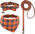3PCS Bow Tie Dog Collar and Leash Set Plaid/Camo/Dots/Flower Dog Bandanas with Bell 3 Size Adjustable for Small Dogs Puppies and Cats (XS, Orange Plaid)