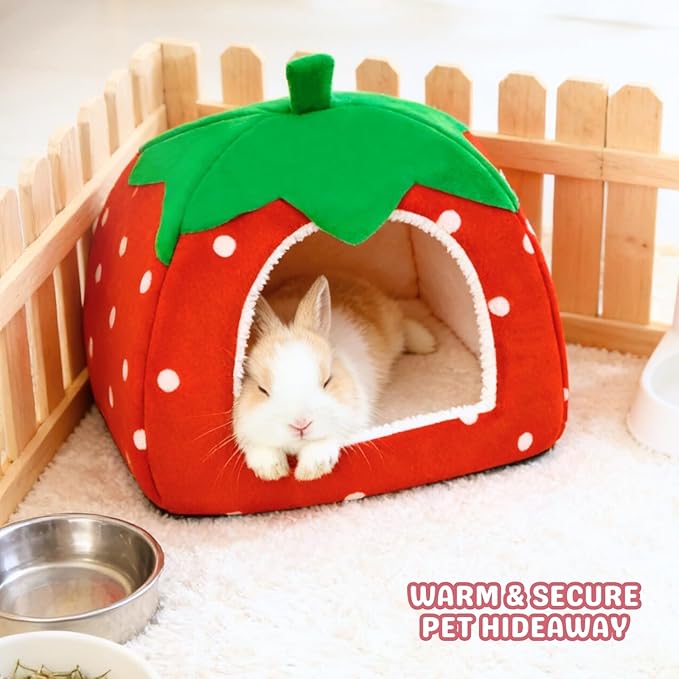 Rabbit Hideout, Washable Bunny Bed with Removable Pee Pad, Plush Indoor Rabbit House, Adorable Strawberry Design Small Animal Hideaway for Guinea Pig, Red