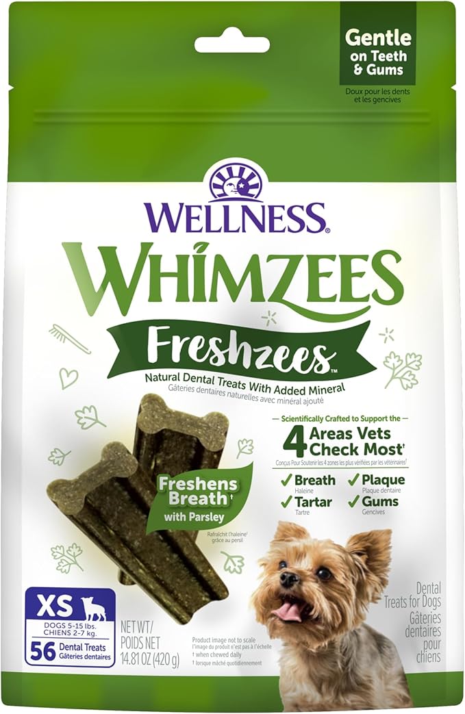 WHIMZEES Wellness Freshzees Dog Dental Treats, Extra Small Size Stick, (56 Count)