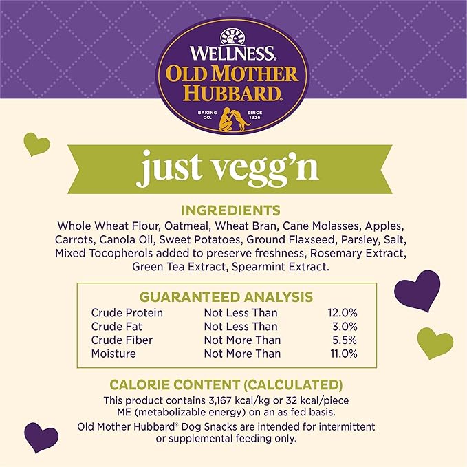 Old Mother Hubbard Wellness Just Vegg'n Dog Biscuits, Natural, Training Treats, Sweat Potato, Oats, Apples & Carrots Flavor, Small Size, (3.3 Pound Bag)