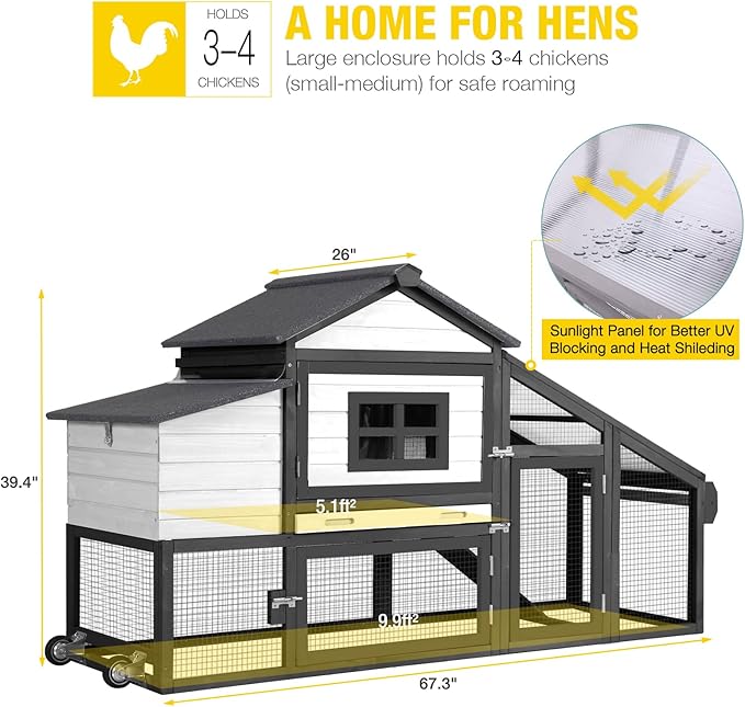 Aivituvin Chicken Coop with Run and Wheels, Mobile Outdoor Hen House Wooden Poultry Cage with Waterproof Roof (Black, AIR23)