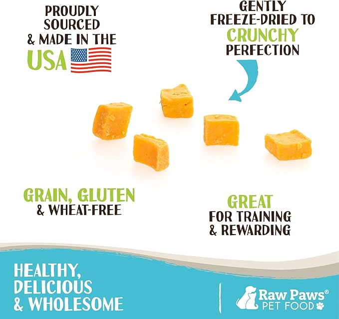 Raw Paws Freeze Dried Cheddar Cheese Treats for Dogs, 3-oz - Crunchy Dog Puffs Made in USA, Natural Dried Cheese - 100% Real Wisconsin Cheddar Bites for Dogs - Dog Cheese Treats
