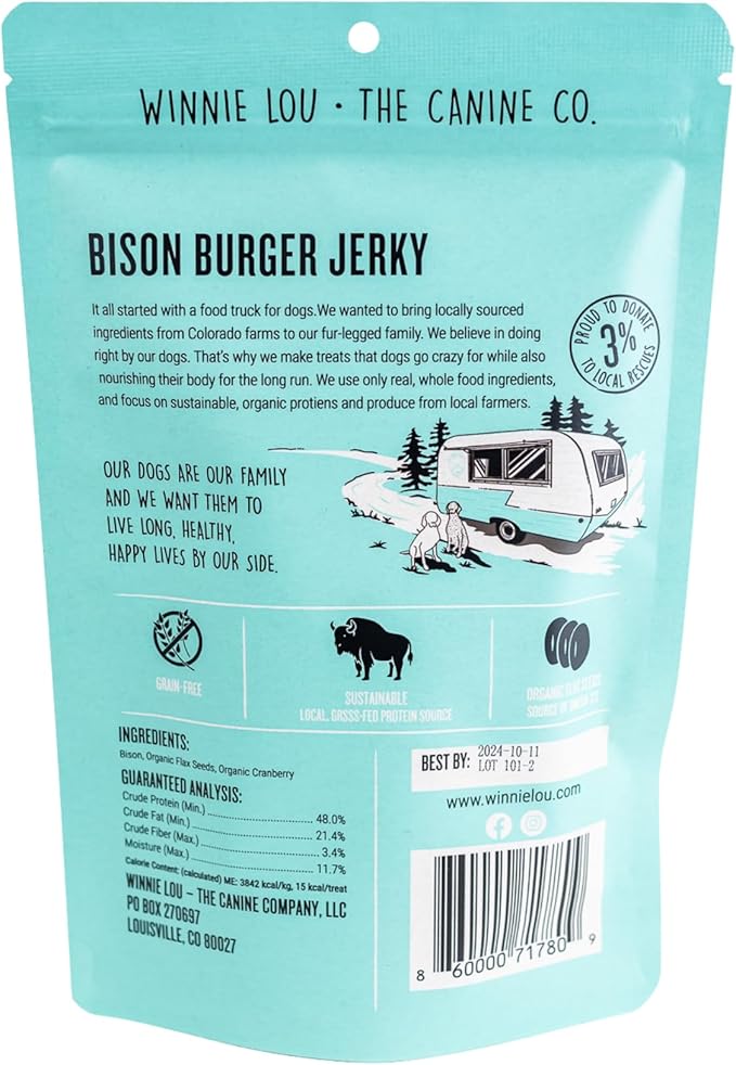 Winnie Lou Bison Burger Jerky Dog Treats – Limited Ingredient, Human Grade, Training Treats for Small, Medium & Large Dogs, USA Made, High Protein, Chews, Hypoallergenic, Sensative Stomach (2 Pack)