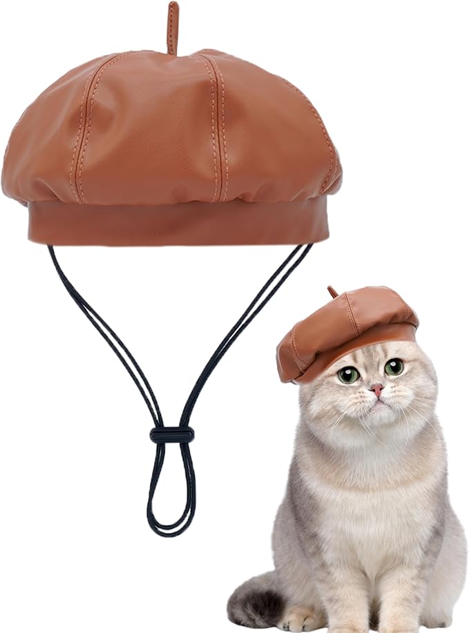 PET SHOW Dog Beret Hat for Small Dogs Cats Party Holiday Headband Cap French Leather Berets with Adjustable Chin Strap Cute Fashion Puppy Hats Pets Costumes Accessories(Brown,S)