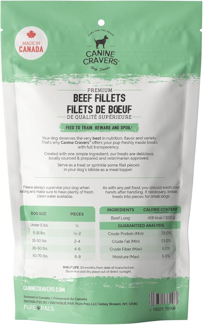 Canine Cravers Single Ingredient Dog Treats – Premium Beef Fillets - Human Grade Air Dried Hypoallergenic Pet Food – Grain, Gluten, and Soy Free – 100% All Natural - 5.3 oz