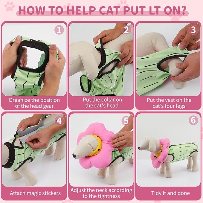EMUST 2PCS Cat Recovery Suit and Cat Surgery Suit, Cute Cats Surgical Suit for Abdominal Wounds or Skin Diseases, Adjustable Flower Neck Cats Cone Collar Soft for 4-8lb(Green, M)