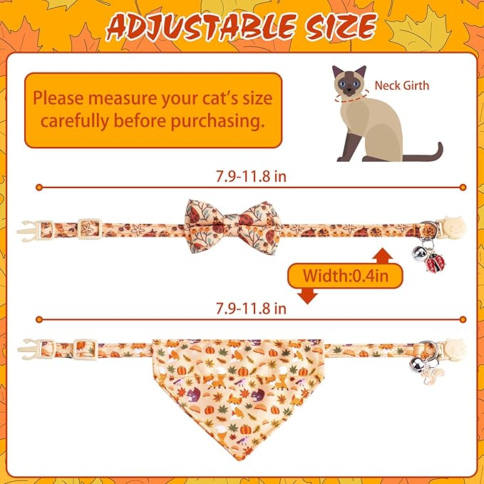 EXPAWLORER Fall Cat Collar Breakaway with Removable Bowtie and Bandana, Adjustable Holiday Cute Kitten Thanksgiving Collar with Bell, Ideal Festival Decoration Gift for Girl Boy Cats Puppies, 2 Pack