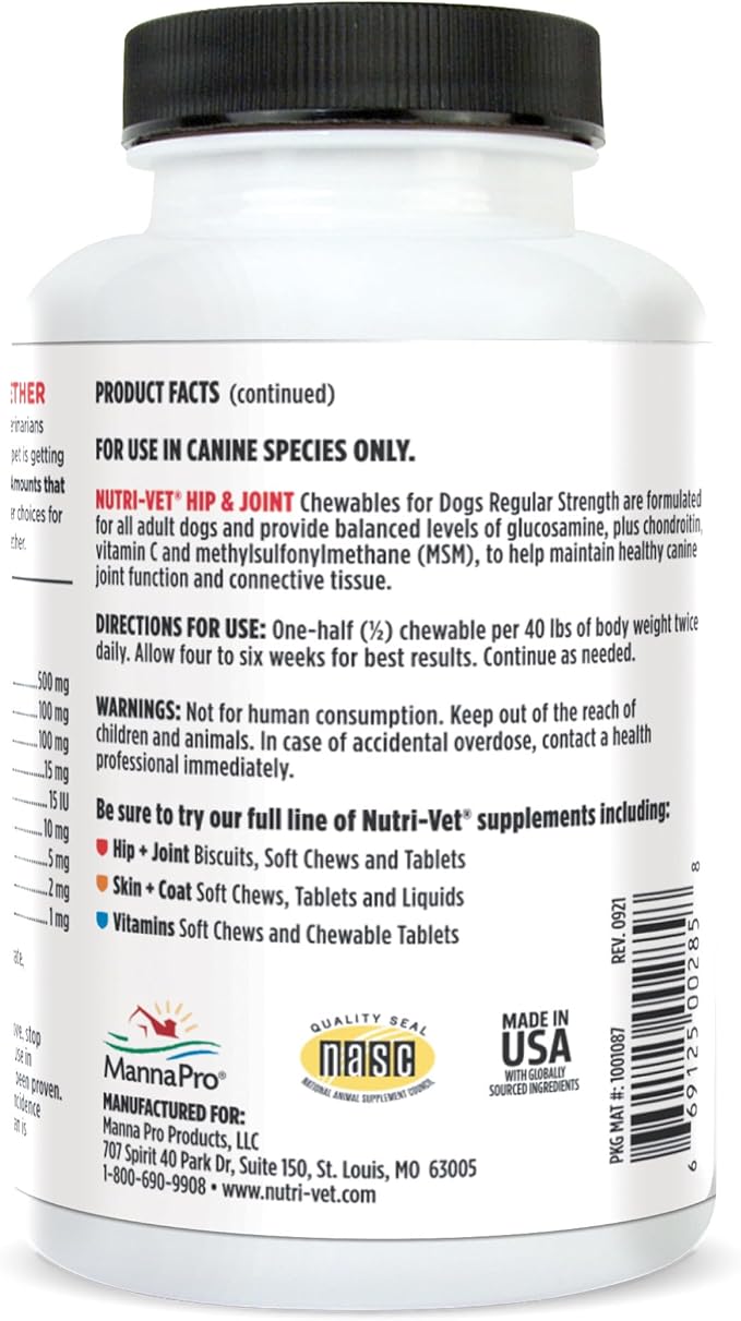 Nutri-Vet Hip & Joint Regular Strength Chewable Dog Supplements, Formulated with Glucosamine Chondroitin, Pet Supplies, Joint Supplement for Dogs, Pet Care, Puppy Essentials, 120 Count