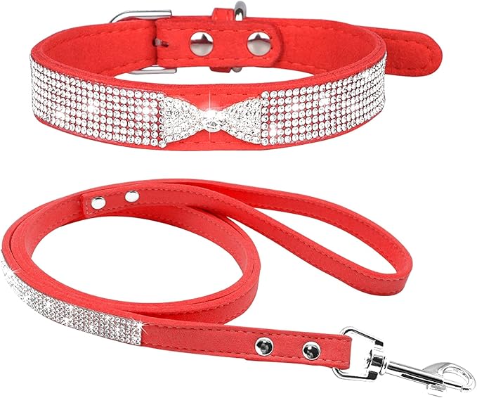 Cute Dazzling Sparkling Elegant Fancy Soft Suede Leather Bling Rhinestone Crystal Jeweled Pet Cat Dog Puppy Collar Dog Leash Combo Set (S(Neck 10-12.5"), Red-3)