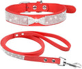 Cute Dazzling Sparkling Elegant Fancy Soft Suede Leather Bling Rhinestone Crystal Jeweled Pet Cat Dog Puppy Collar Dog Leash Combo Set (XS(Neck8-10), Red-3)
