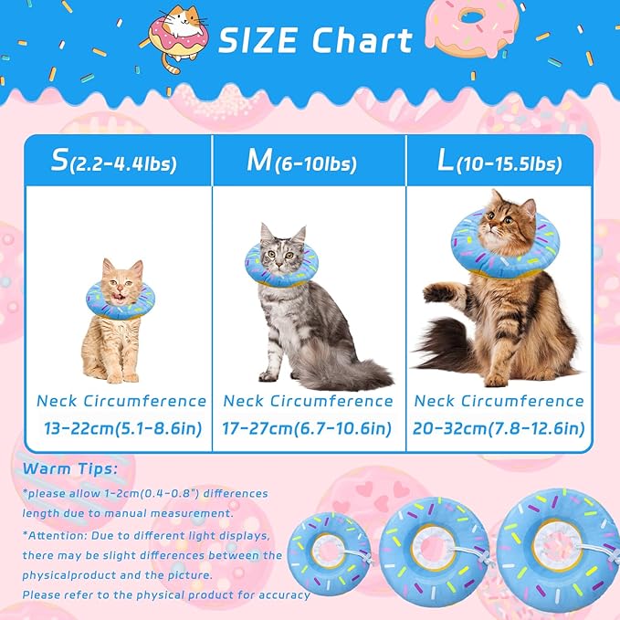 Seyezo Cat Cone Collar Soft,Adjustable Cat Recovery Collars Kitten Cones to Stop Licking, Cute Donut Neck Collar After Surgery, Elizabethan Kittens Protective Cones After Spay (Donut Blue, Large)