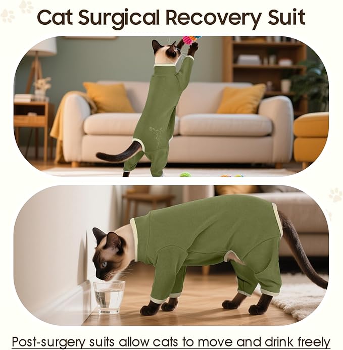 DENTRUN Cat Clothes for Hair Control with Hair Sticky Fabric - Soft Recovery Suit & Breathable Lint-Resistant Cat Sweater for Cats Only, Kitten Onesie Pajamas, XL, Army Green