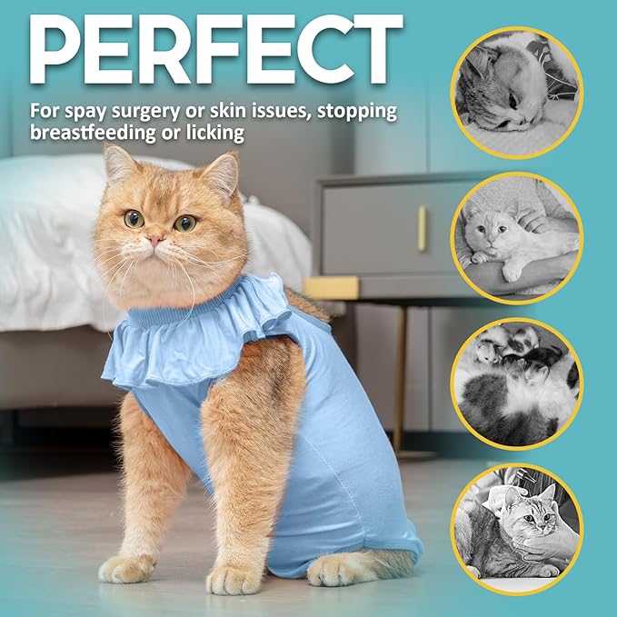 Avont Cat Recovery Suit - Kitten Onesie for Cats After Surgery, Cone of Shame Alternative Surgical Spay Suit with Ruffles for Female Cat, Post-Surgery or Skin Diseases Protection -Blue (L)