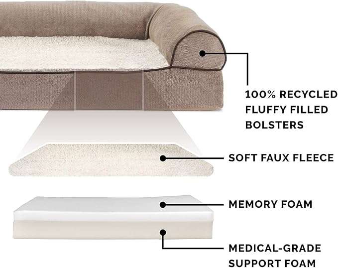 Furhaven Memory Foam Dog Bed for Medium/Small Dogs w/ Removable Bolsters & Washable Cover, For Dogs Up to 35 lbs - Sherpa & Chenille Sofa - Cream, Medium