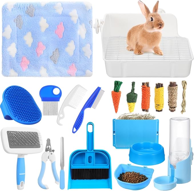 20 Pcs Rabbit Starter Kit Small Bunny Litter Box Animal Grooming Kit with Hanging Pet Bowls Water Bottle Bunny Toys Flannel Blankets with Cleaning Set for Guinea Pig Rabbit Accessories(Blue)
