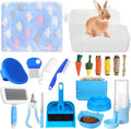 20 Pcs Rabbit Starter Kit Small Bunny Litter Box Animal Grooming Kit with Hanging Pet Bowls Water Bottle Bunny Toys Flannel Blankets with Cleaning Set for Guinea Pig Rabbit Accessories(Blue)