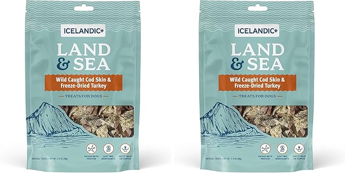 Icelandic+ Land & Sea Wild Caught Cod Skin & Freeze-Dried Turkey - 2.4oz Bag, Dog Treat & Food Topper, 2 Ingredients, No Preservatives, All Natural (Pack of 2)