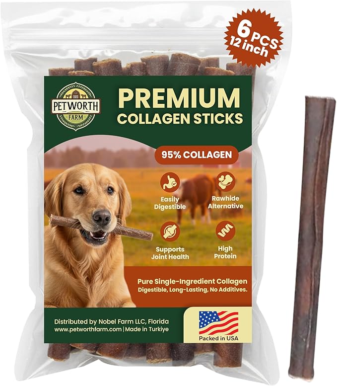 6 Pack 12 Inch Beef Collagen Sticks Chewable for Dogs – Rawhide Alternative Chews, Single Ingredient, Long Lasting Dental Treats, High Protein Natural Dog Chews for Medium to Large Dogs