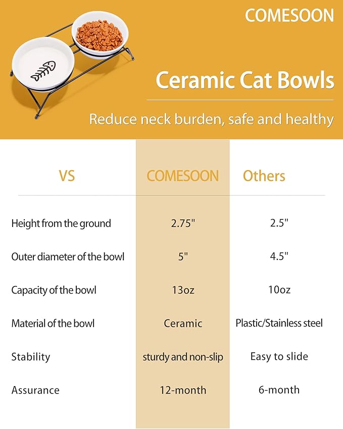 Anti-Vomiting Raised Cat Bowls - 2 × 13 oz Ceramic Cat Food & Water Bowls with Non-Slip Stainless Steel Stand, Dishwasher Safe for Indoor Cats