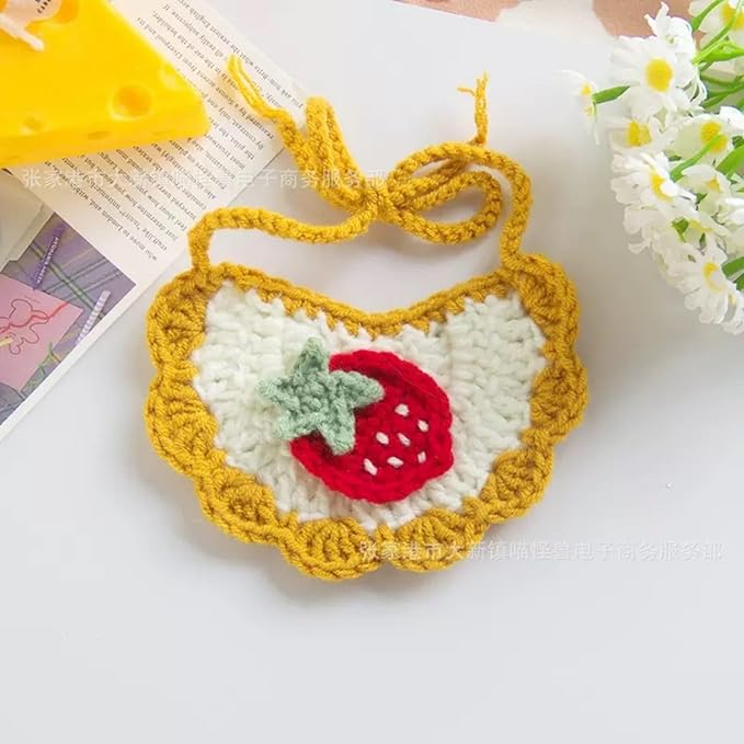 Handmade Cat Outfit – Yellow Flower Dog Hat & Strawberry Dog Costume for Cats,Rabbits and Small to Medium Dogs, Adjustable Cute Outfit for Cat Birthday, Holiday, Daily Wear & Photos