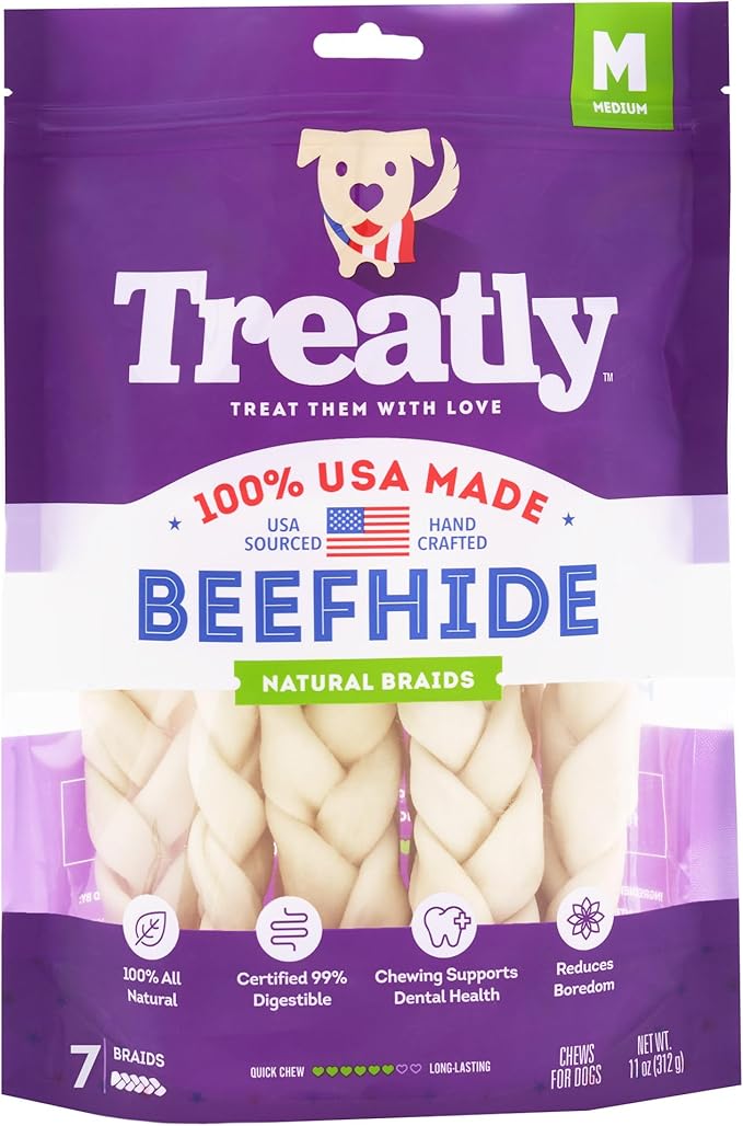 USA Beefhide Braids 7-8" Dog Chew Treats - Natural Flavor, 7 Count/1 Pack