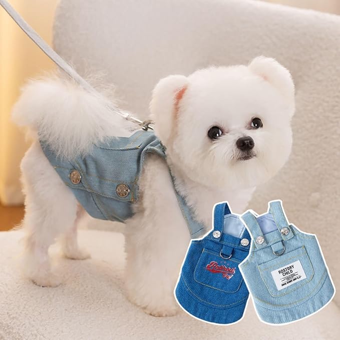 Dog Clothes Denim Dog Dresses for Small Dogs Harness Dress Puppy Clothes with Leash Ring Dog Costume with Pocket Summer Cat Apparel Dog Clothes Cat Shirts Small Dog Dresses Female Light Blue Small