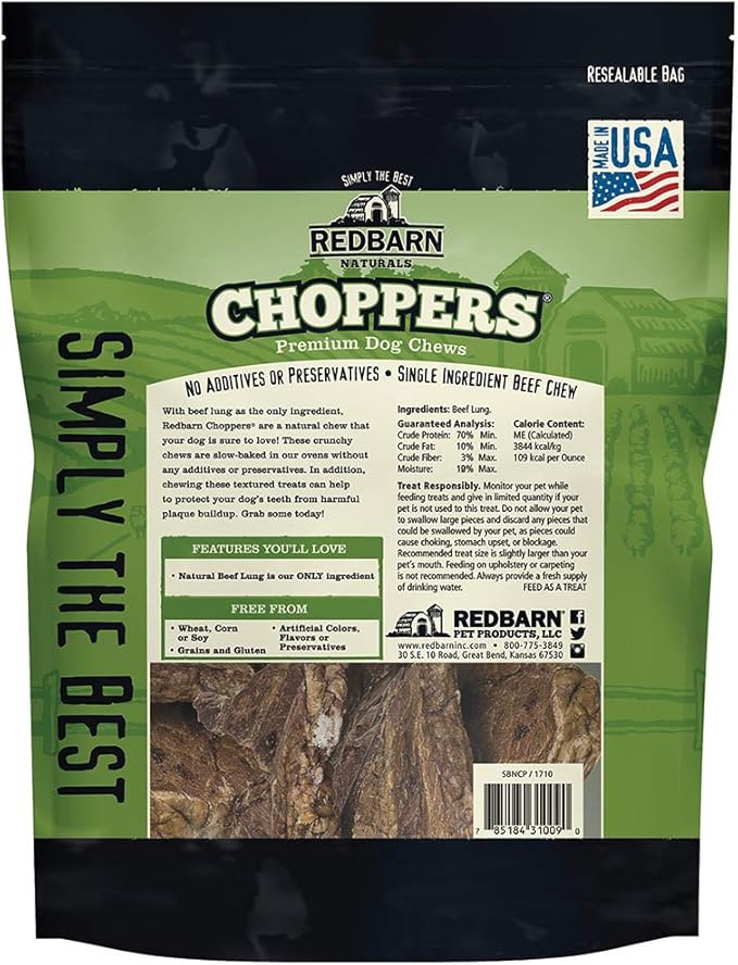 Redbarn Beef Lung Choppers Dog Chew, All-Natural high-Protein Low-Fat Grain-Free, Highly Palatable Treats sourced from Grass-Fed Cattle, 1-Count