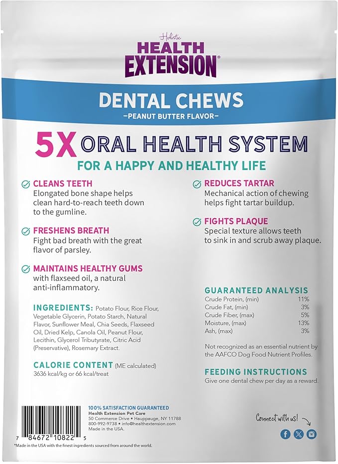 Health Extension Peanut Butter Dental Bones for Dogs, 8 Medium Bones – Supports Dental Health, Delicious Flavor, Ideal for Puppy Training