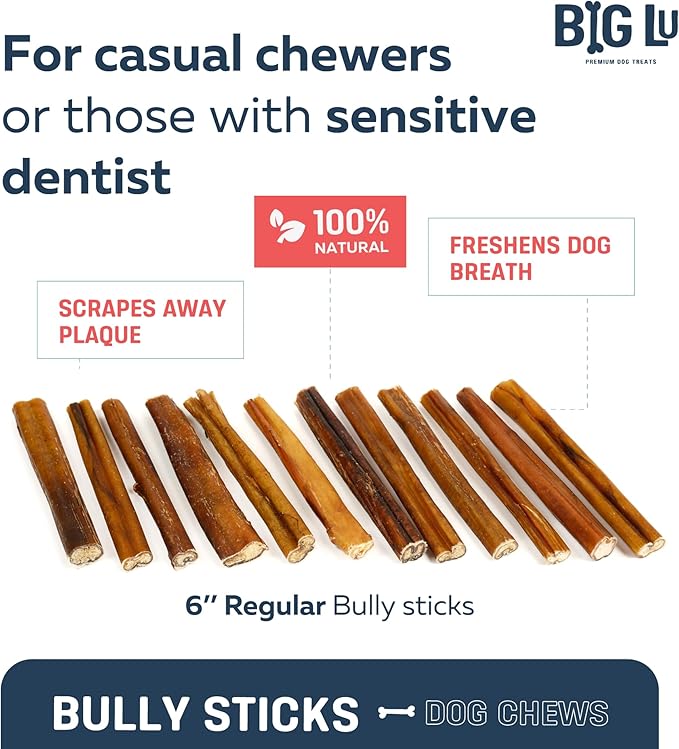 Big Lu - 6” Bully Sticks, 5 Count, Long-Lasting, Low-Odor, 100% Grass-Fed Beef Chews for All Dog Breeds, Natural Single-Ingredient, Fully Digestible Treats