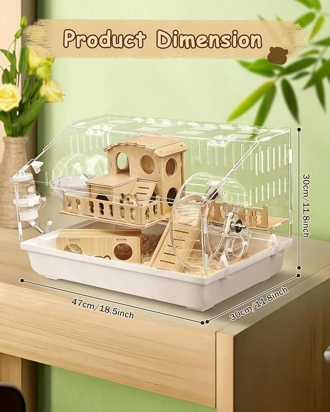 8-in-1 Acrylic Hamster Cage: 2-Layer, Clear Panels, Top-Opening, Full Accessories for Pet Mice, Hamster House for Dwarf Hamsters & Gerbils – 18.5"x11.8"x11.8"