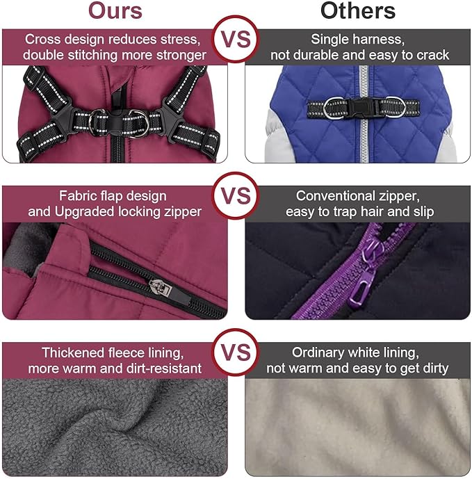 Warm Dog Winter Coat, Dog Cold Weather Jacket with Built-in Harness, Reflective & Adjustable Comfortable Pet Vest, Windproof Apparel for Small Medium Large Dogs (Purple)