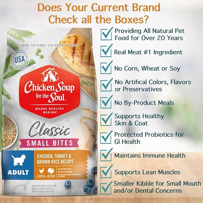 Chicken Soup for The Soul All Natural Premium Small Bites Adult Dry Dog Food, Real Meat First Ingredient, No by-Products, Supports Gut & Immune Health, Chicken, Turkey & Brown Rice, 28lb
