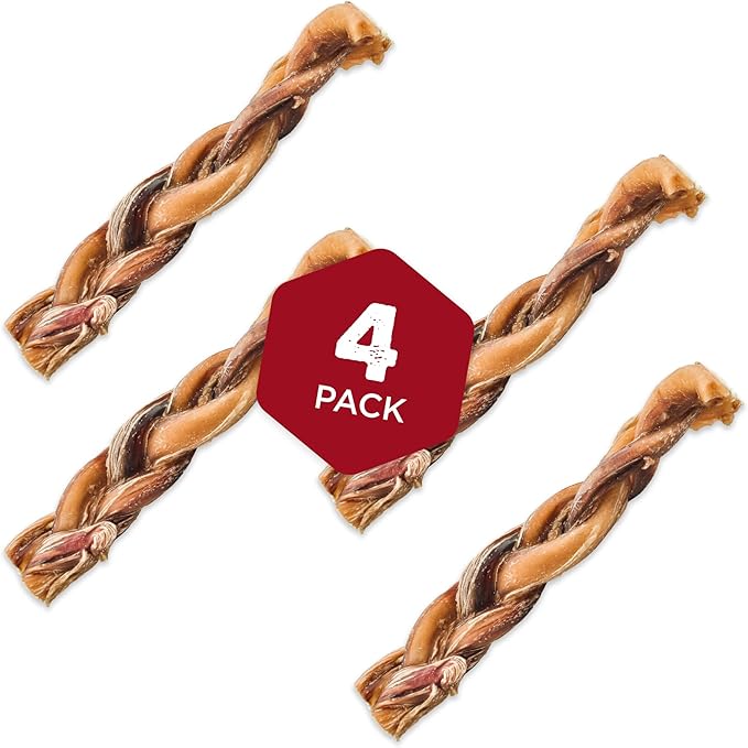 Best Bully Sticks Natural Braided Bully Sticks for Large Dogs - 6 Inch, 4 Count (Pack of 1) - Free-Range Grass-Fed Beef, Single-Ingredient, Grain and Rawhide Free Long Lasting Dog Chews