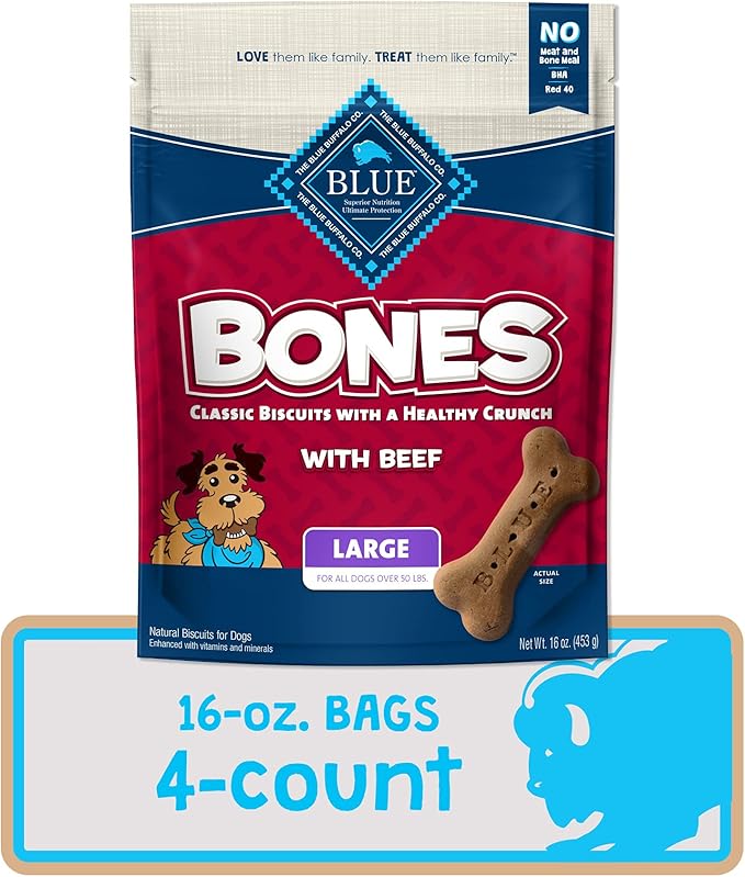 Blue Buffalo Bones Natural Crunchy Dog Treats Large Dog Biscuits Beef, 16oz. Bag, 4 Count