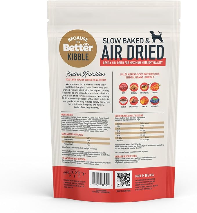 Because It’s Better Slow Baked & Air Dried Dog Food - Real Beef & Veggies - Complete & Balanced Dry Dog Food - Grain Free, High Protein, Natural Nutrition for All Life Stages, 1 lb Bag