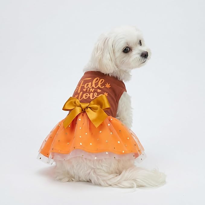 Fitwarm Thanksgiving Fall in Love Dog Dress, Sparkly Dog Clothes for Small Dogs Girl, Holiday Pet Tutu Dress, Cat Outfit, Brown, Orange, XXS