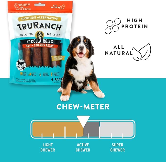 TRURANCH Collagen Rolls - 6" Collagen Rolls for Dogs - Long Lasting Healthy Joint Support - Rawhide Alternative - Skin & Coat Health - Made with Real Beef, Value Pack, 15 Bags, 60 Count