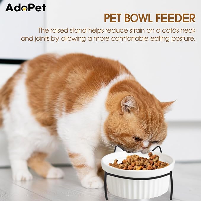 Elevated Ceramic Cat Bowl with Metal Stand – Non-Slip White Pet Food Tray with Herringbone Design Helps Reduce Neck Strain for Small and Medium Cats and Dogs