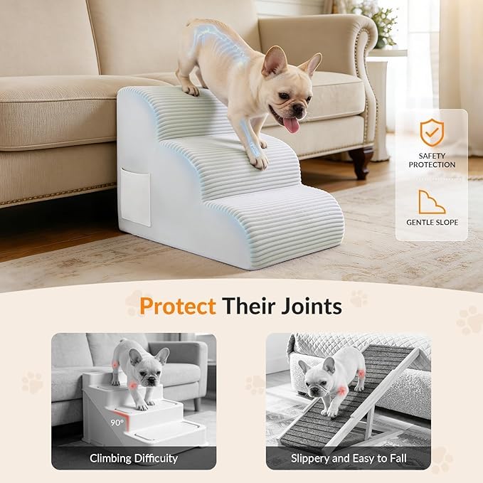 Dog Stairs for Couch and Chair,15.7" H 3-Step Pet Steps for Small Dogs and Cats, Non-Slip Sturdy Dog Ramp with Anti-Tip Safety Strap and Washable Cover,Balanced Ramp Indoor Pet Stairs