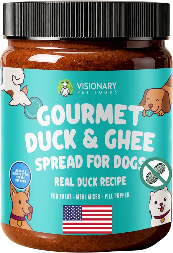 Visionary Pet Foods Duck Meat Spread - Healthy Dog Treat - Alternative to Dog Peanut Butter, Xylitol Free, No Sugar and Filler Free - Use on Lick Mat, Food Mixer, Pill Pockets - 12oz Jar