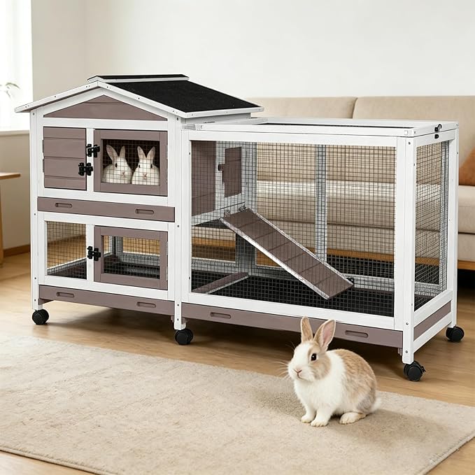 Rabbit Hutch Indoor Outdoor, 62" Wooden Rabbit Cage with 6 Lockable Wheels, Bunny Cage with Pull Out Trays, Waterproof Asphalt Roof, Small Animal House for Rabbits, Guinea Pigs, Chinchillas
