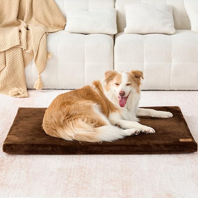 LIORCE Dog Crate Pad - Dog Bed Large Sized Dogs with Removable Washable Cover and Waterproof Lining - XL Memory Foam Pet Bed for Crate - Reversible Kennel Mat (Cool & Warm), 42-inch, Brown